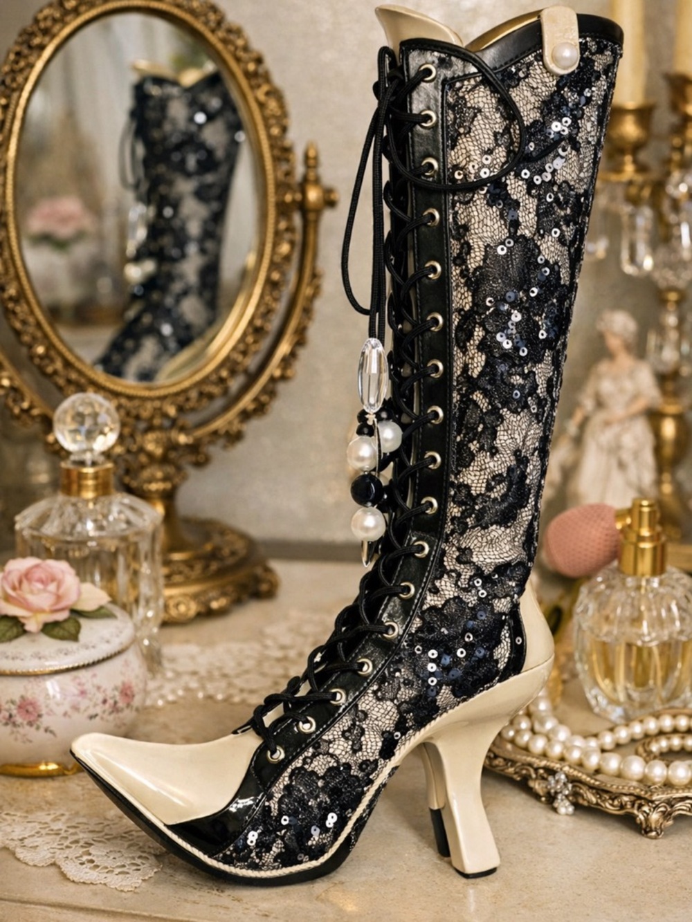 Victorian Lace-Up Boot Coin Bank | Decorative Ceramic Corset Boot Sculpture